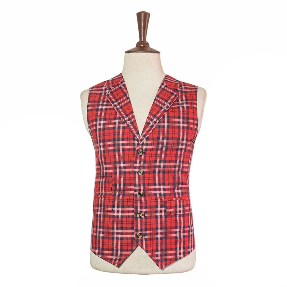 Mens Wool Vest 46R Red Navy Plaid Tartan Waistcoat Formal Wedding Preppy Casual